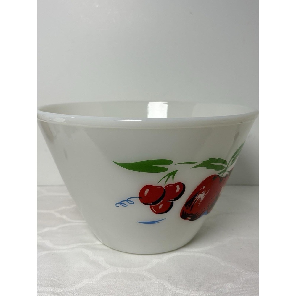 Vintage Fire King Splash Proof Bowl Apple & Cherries 4 QT White Painted 9.5"x 6" - Picture 5 of 11